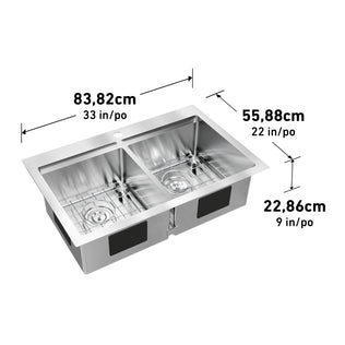 Artika's Newport twin bowl 33 in. stainless steel workstation sink includes wire racks and measures 83.82 cm (33 in) wide, 55.88 cm (22 in) deep, and 22.86 cm (9 in) high.