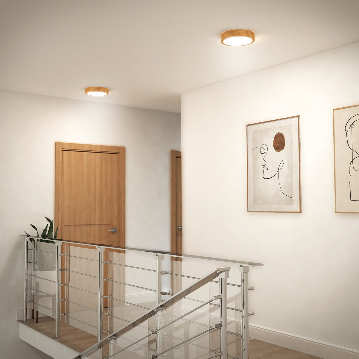 Modern hallway with wooden doors, line art, metal railing, Artika Dryad 10 in. LED ceiling light, small plant by the door.