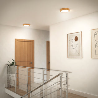 Modern hallway with wooden doors, line art, metal railing, Artika Dryad 10 in. LED ceiling light, small plant by the door.