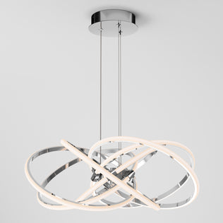 The Artika Maelstrom modern LED pendant light 5 CCT features intertwined chrome and LED strips suspended from a circular chrome ceiling mount by two cables, creating a contemporary look against a plain white background.