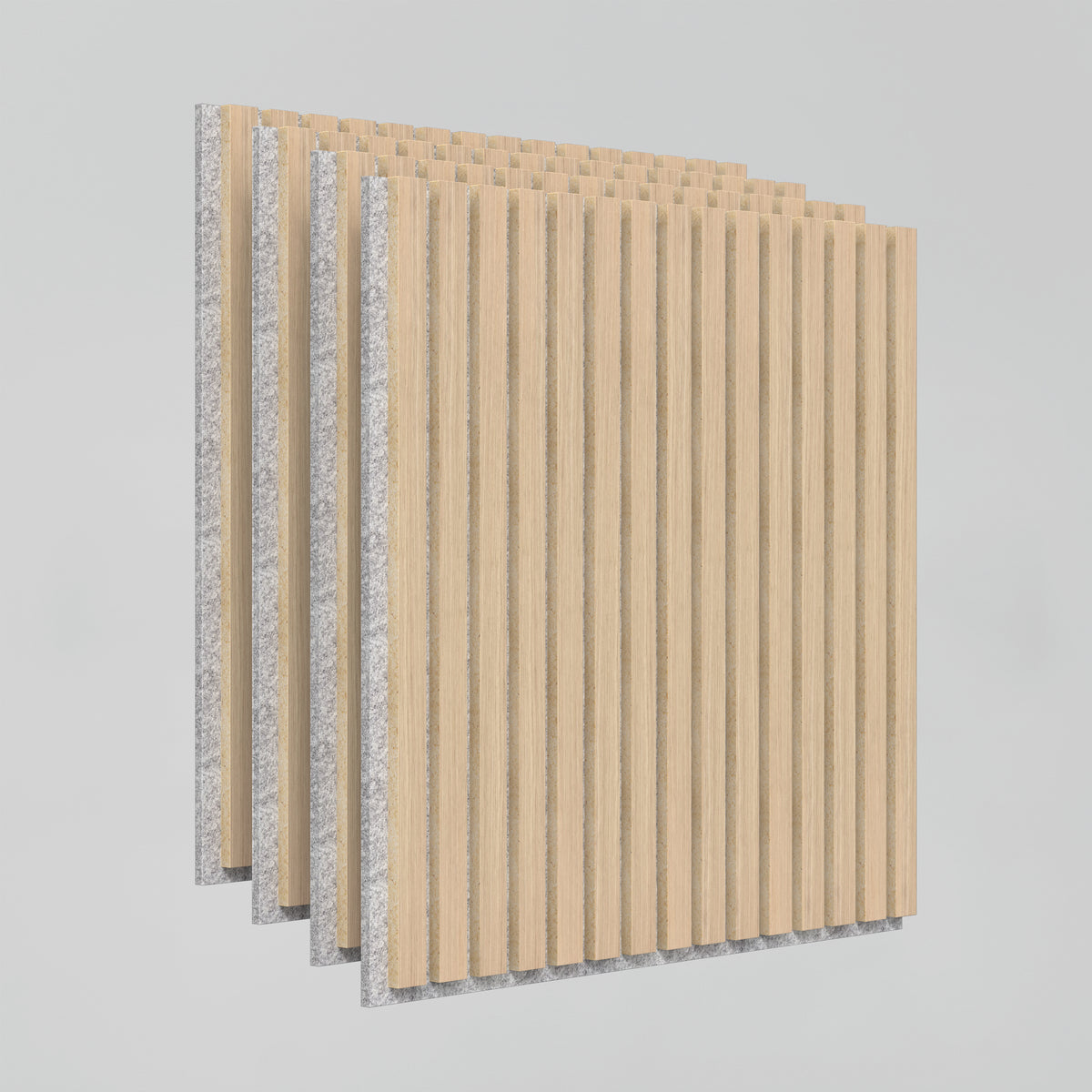 Four stacked rectangular acoustic panels with light wood slats and a gray felt backing, shown against a plain light background. The panels appear modern and are arranged at an angle.