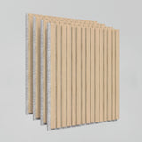 Four stacked rectangular acoustic panels with light wood slats and a gray felt backing, shown against a plain light background. The panels appear modern and are arranged at an angle.