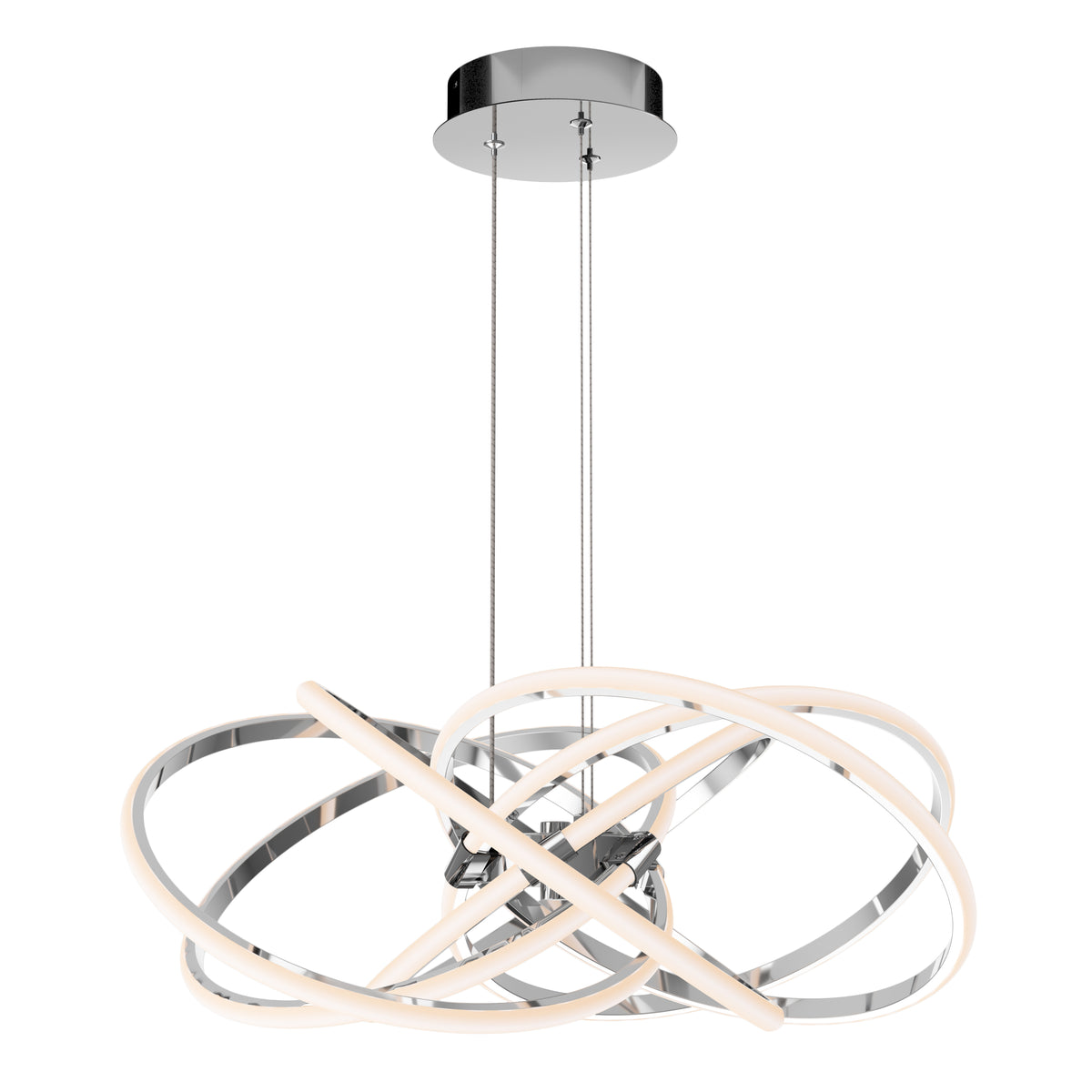 The Artika Maelstrom modern LED pendant light 5 CCT features intertwined glowing rings and hangs from a round chrome ceiling mount by two slim cables.