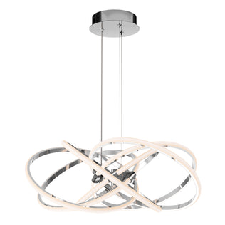 The Artika Maelstrom modern LED pendant light 5 CCT features intertwined glowing rings and hangs from a round chrome ceiling mount by two slim cables.