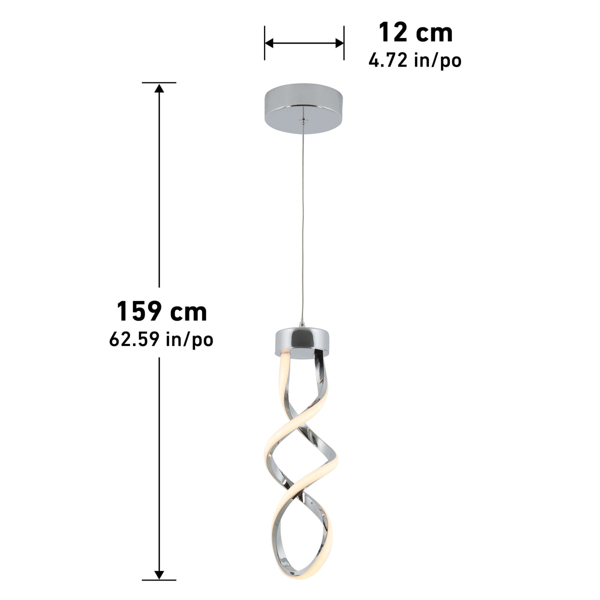 Pendant light with a modern twisted design, hanging from a round ceiling mount. Dimensions are shown: overall height 159 cm (62.59 in), and ceiling mount width 12 cm (4.72 in).