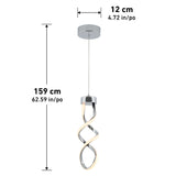 Pendant light with a modern twisted design, hanging from a round ceiling mount. Dimensions are shown: overall height 159 cm (62.59 in), and ceiling mount width 12 cm (4.72 in).