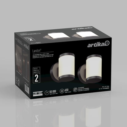 Artika Landon LED Outdoor Wall Light 2-Pack in black box, with product images and English/French specs.