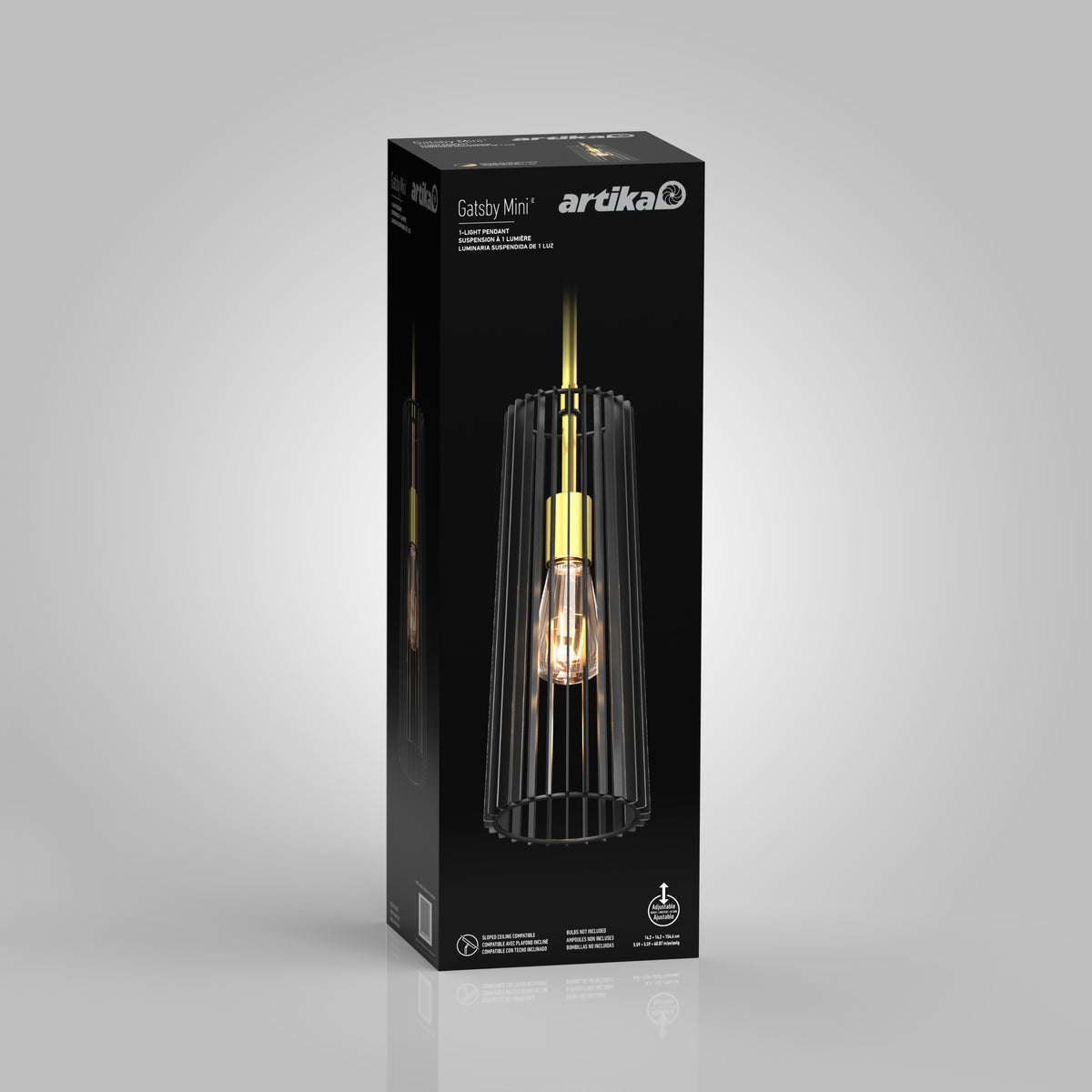 A black rectangular Artika box shows the Gatsby Mini modern mid-century pendant light, featuring a gold socket and a vertical black cage-like shade around the bulb.