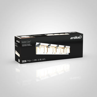 Rectangular black box for Artika Bubble Cube 4-light LED bathroom vanity light, with LED images and product details on the front.