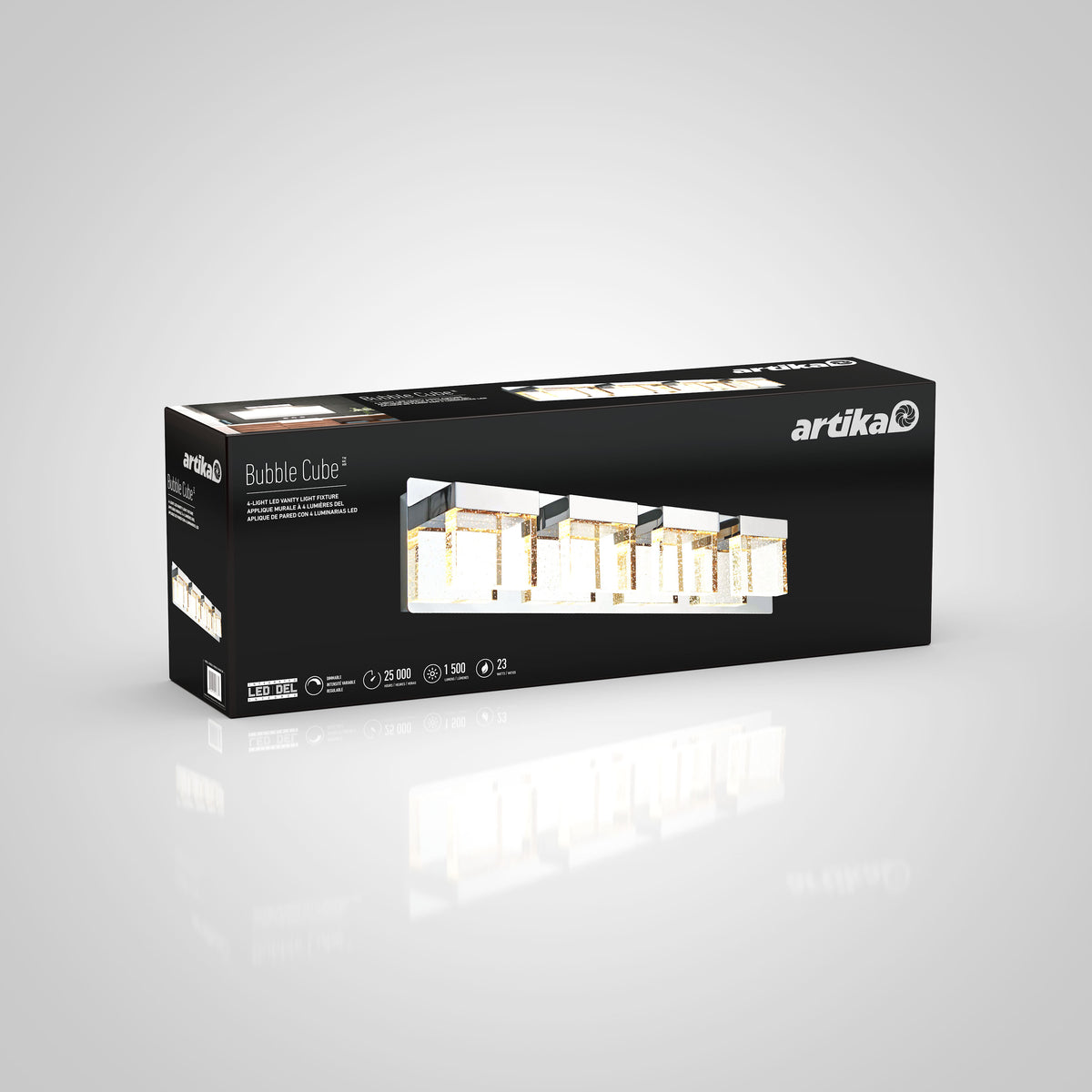 A rectangular black box with the brand name Artika displaying a modern ceiling light fixture called Bubble Cube, featuring multiple cube-shaped lights with bubble-like details.