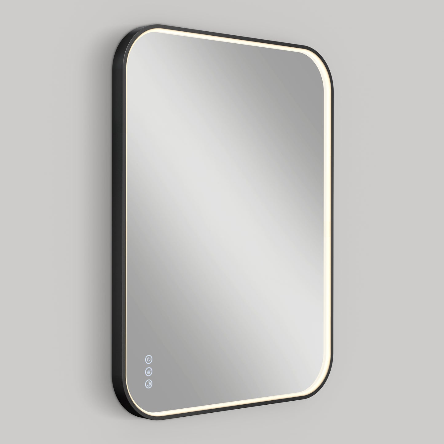 The Royce dimmable LED mirror 3 CCT by Artika features a modern rectangular design with rounded corners, a black frame, built-in edge LED lighting, and three touch-sensitive buttons on the lower left corner.