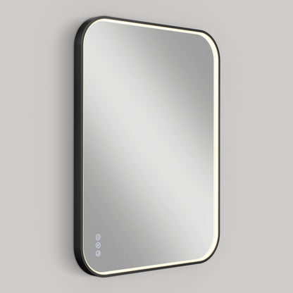 The Royce dimmable LED mirror 3 CCT by Artika features a modern rectangular design with rounded corners, a black frame, built-in edge LED lighting, and three touch-sensitive buttons on the lower left corner.
