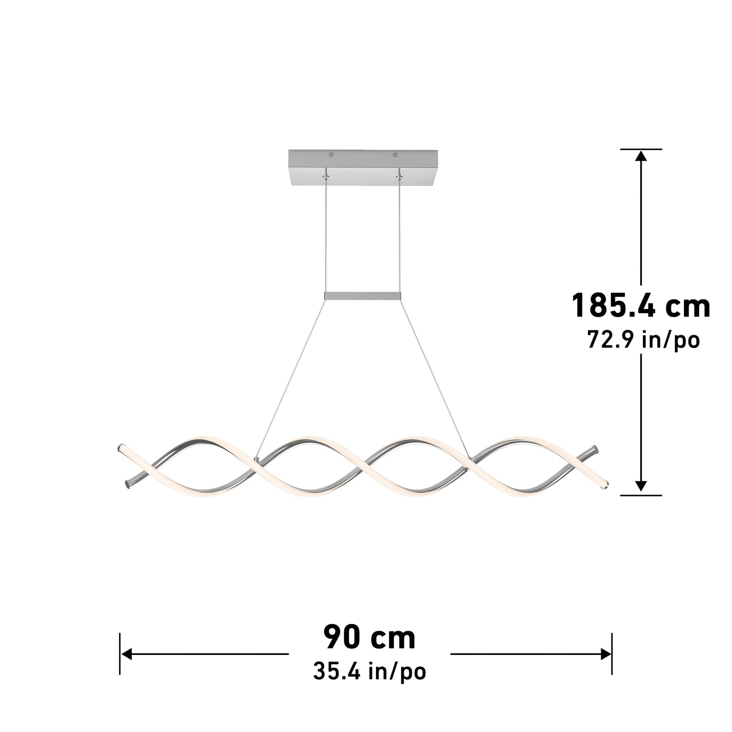 The Artika DNA Linear LED modern pendant light features a sleek wavy dual-curve design suspended from a rectangular base, measuring 185.4 cm (72.9 in) high and 90 cm (35.4 in) wide.