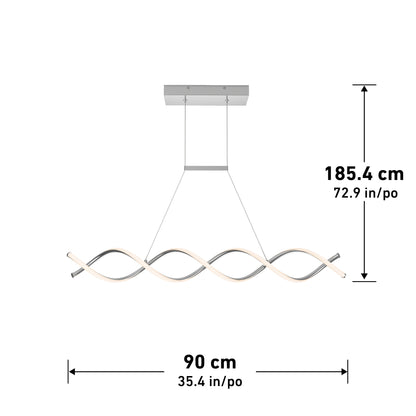 The Artika DNA Linear LED modern pendant light features a sleek wavy dual-curve design suspended from a rectangular base, measuring 185.4 cm (72.9 in) high and 90 cm (35.4 in) wide.