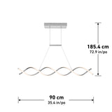 Modern wave-shaped pendant light fixture with two cables suspending it from a rectangular ceiling mount. Dimensions are 185.4 cm (72.9 in) in height and 90 cm (35.4 in) in width.