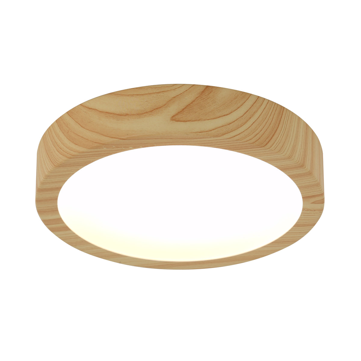 A round, ceiling-mounted light fixture with a natural wood finish and a smooth, white glowing center.
