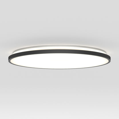 The Artika Europa 21 in. LED modern flush mount light features a black-edged circular design with a bright white center, mounted on a white ceiling, and comes with a remote for easy control.