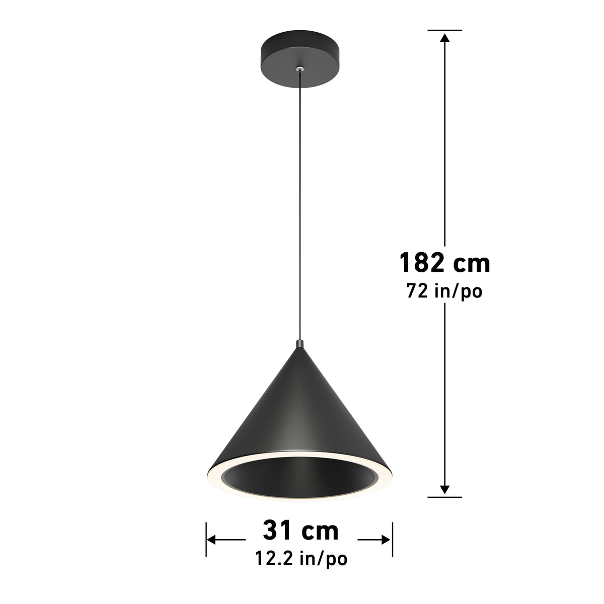 The Artika Denali modern LED pendant light 3 CCT features a sleek black conical shade (31 cm/12.2 in diameter) and hangs 182 cm (72 in) from the ceiling, perfect for contemporary spaces.