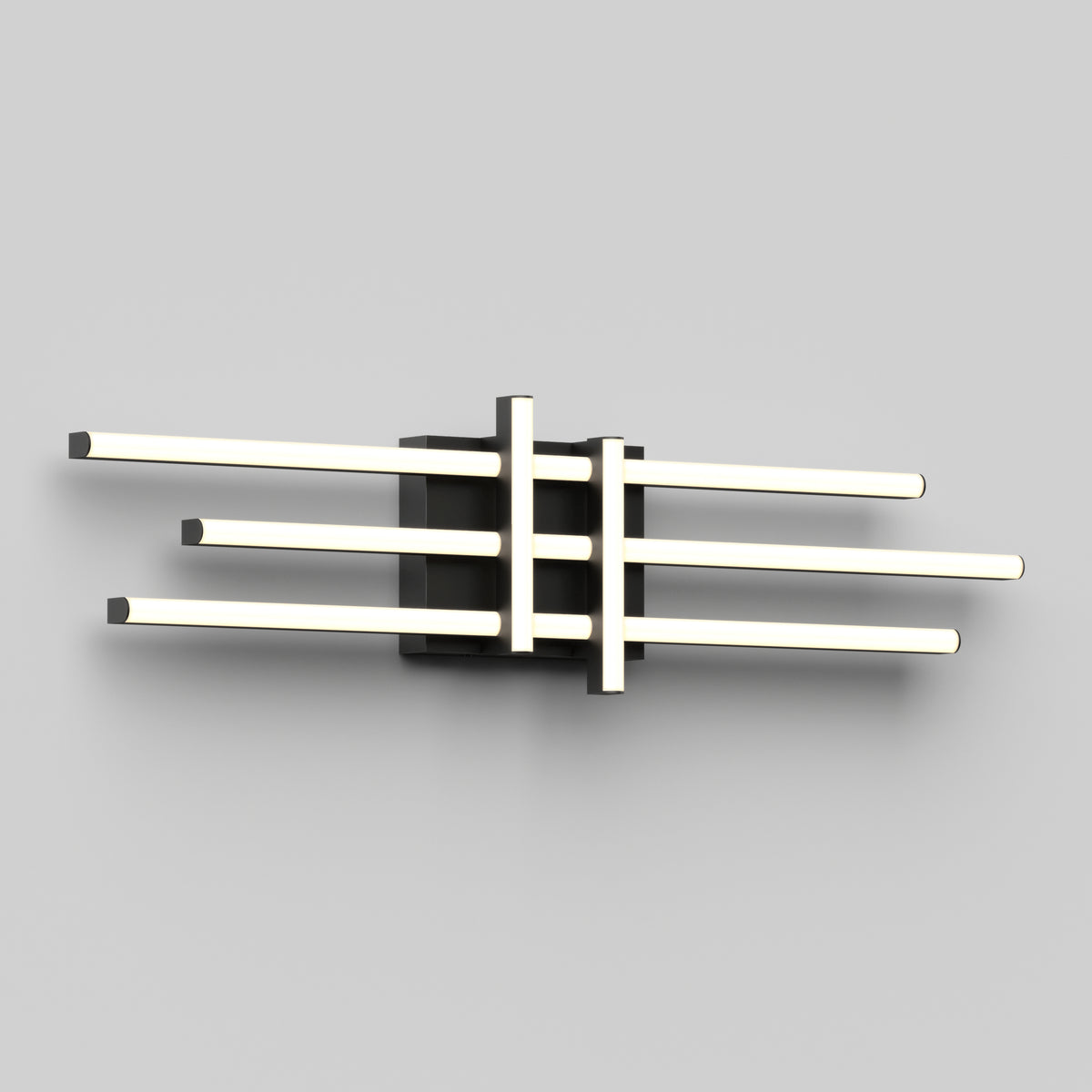 A modern wall-mounted light fixture with four horizontal, parallel light bars intersected by two vertical bars, all attached to a central rectangular base, against a plain gray background.