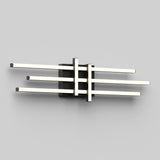 A modern wall-mounted light fixture with four horizontal, parallel light bars intersected by two vertical bars, all attached to a central rectangular base, against a plain gray background.