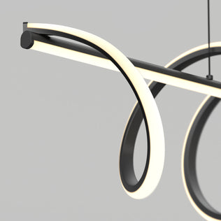 The Artika Coda modern LED pendant light 5 CCT features sleek black intertwining loops with glowing white edges, creating a contemporary look. Suspended against a plain gray background, it combines artistic curves and modern style.