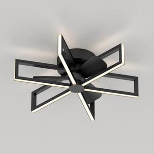 The Artika Swirl 26 in. LED modern ceiling fan features black geometric blades with LED strips and includes 3 speeds plus a remote, creating a sleek, contemporary look when mounted on a white ceiling.