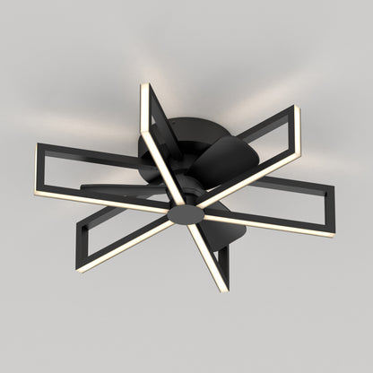 The Artika Swirl 26 in. LED modern ceiling fan features black geometric blades with LED strips and includes 3 speeds plus a remote, creating a sleek, contemporary look when mounted on a white ceiling.