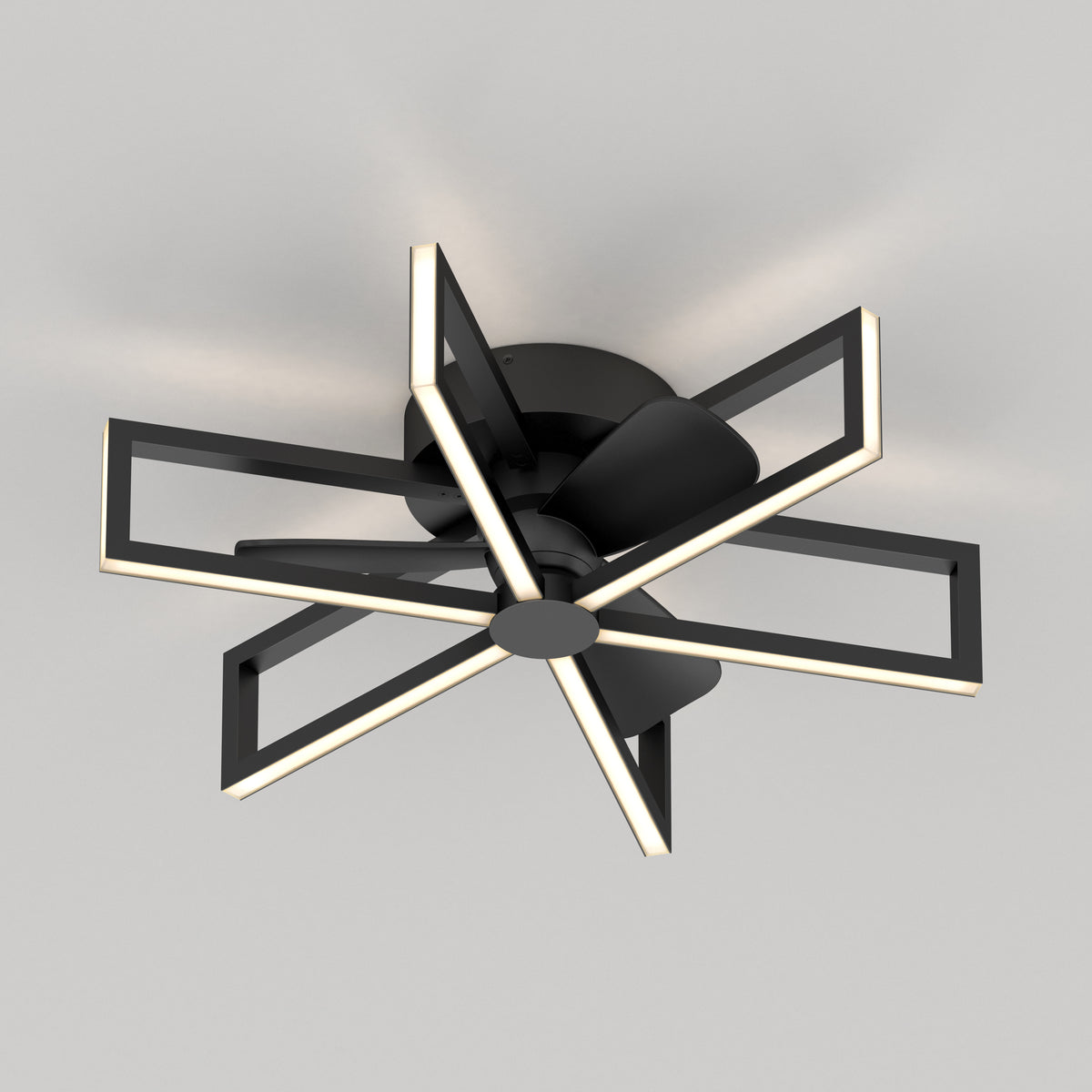 A modern ceiling fan with a matte black finish and geometric LED light panels arranged in an overlapping square pattern, mounted on a plain white ceiling.
