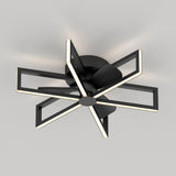 A modern ceiling fan with a matte black finish and geometric LED light panels arranged in an overlapping square pattern, mounted on a plain white ceiling.