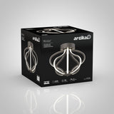 A black box featuring the Artika Meridian LED ceiling light. The box shows an image of the modern, sculptural light fixture with glowing loops and highlights product features and specifications in white text.