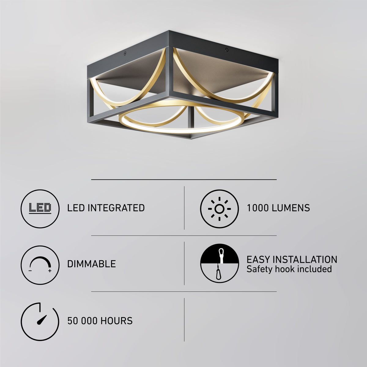Modern square LED ceiling light with integrated LED, 1000 lumens, dimmable feature, 50,000-hour lifespan, and easy installation with safety hook; icons and descriptions are shown alongside the fixture.