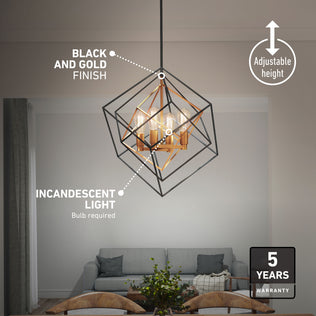 Harmonium modern mid-century pendant light with an adjustable black and gold geometric frame, four bulb sockets, and a five-year warranty.