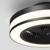 A modern black ceiling fan with a circular LED light, featuring a sleek design and horizontal grille blades, mounted on a white ceiling.