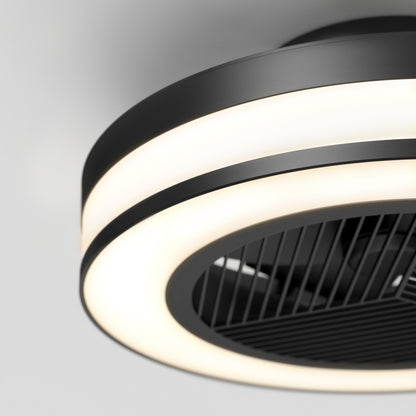 The Artika Elton 19.4 in. LED modern ceiling fan features 3 speeds, a remote control, black blades visible through a central grille, and a sleek black and white design, all mounted on a white ceiling.