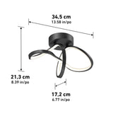 Modern black ceiling light fixture with three looping LED arms. Dimensions are shown: width 34.5 cm (13.58 in), height 21.3 cm (8.39 in), and depth 17.2 cm (6.77 in).