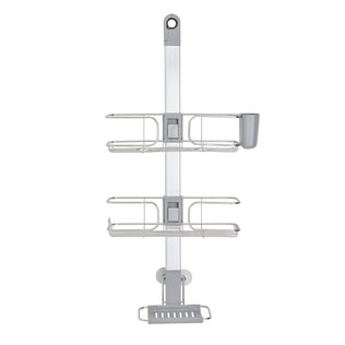 The Artika Ulysse hanging Shower Caddy is a silver metal organizer with two shelves, a small cup holder on the top right, and a soap dish at the bottom, designed to hang inside your shower.