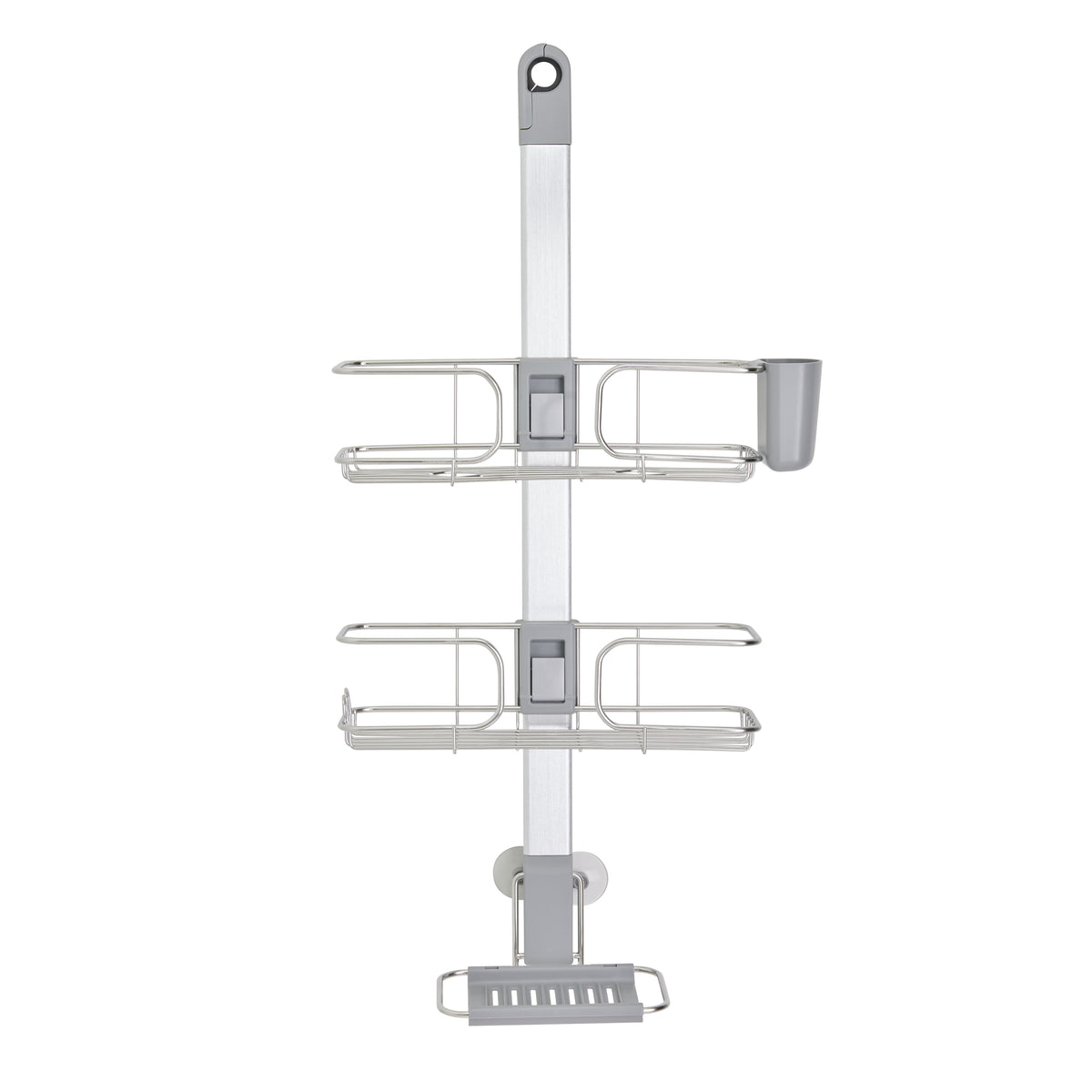 A silver shower caddy with two wire shelves, a soap dish at the bottom, and a cup holder on the top right side, designed to hang vertically with a hook at the top.