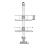 A silver shower caddy with two wire shelves, a soap dish at the bottom, and a cup holder on the top right side, designed to hang vertically with a hook at the top.