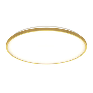 The Artika Europa 21 in. LED modern flush mount light features a round design with a gold rim and smooth white illuminated center, shown from below against a white background. Includes remote control.