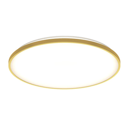 The Artika Europa 21 in. LED modern flush mount light features a round design with a gold rim and smooth white illuminated center, shown from below against a white background. Includes remote control.