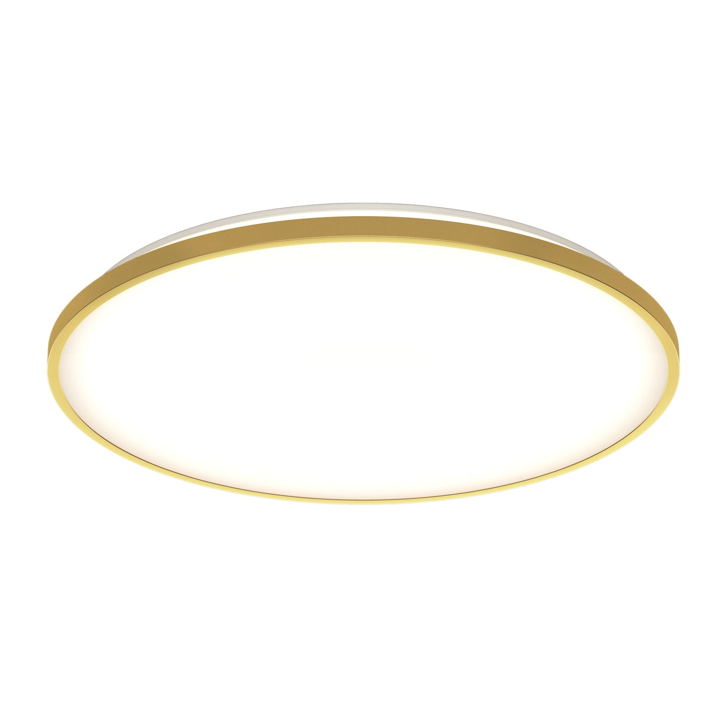 The Artika Europa 21 in. LED modern flush mount light features a gold-colored rim and a flat, white illuminated surface, shown from below against a plain background. Includes remote control.