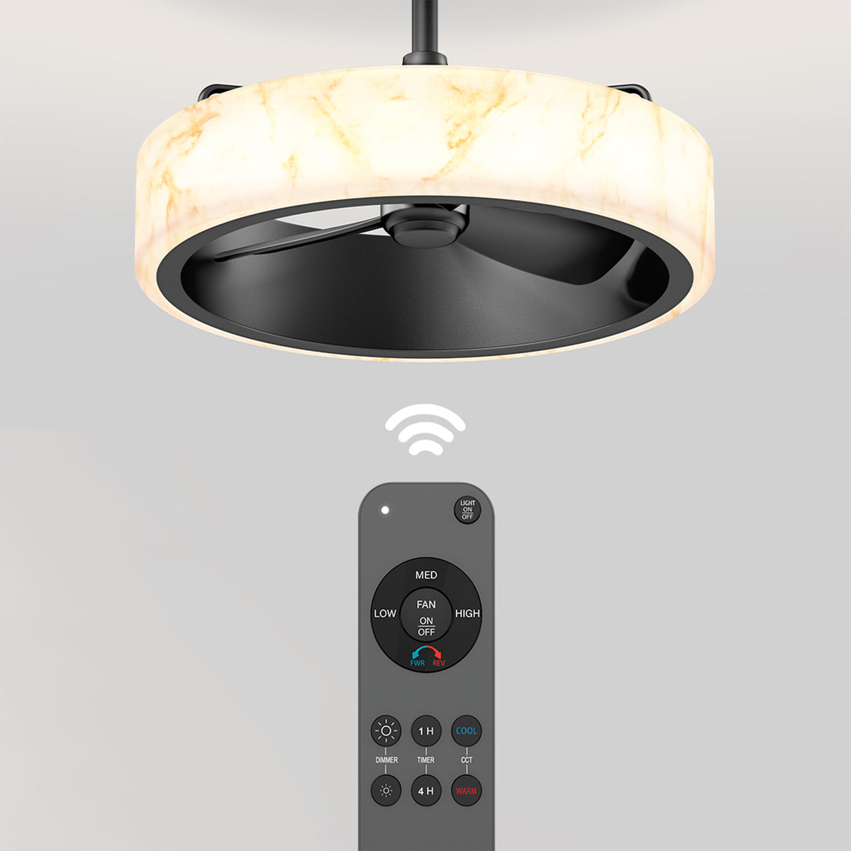 A modern ceiling fan with a circular light fixture is shown above a remote control, with a wireless signal icon indicating remote operation. The fan has black blades and a marble-patterned light ring.