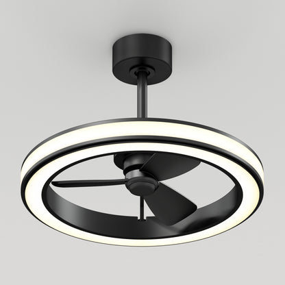 A modern black ceiling fan with three blades is encircled by a glowing LED light ring, mounted on a white ceiling.