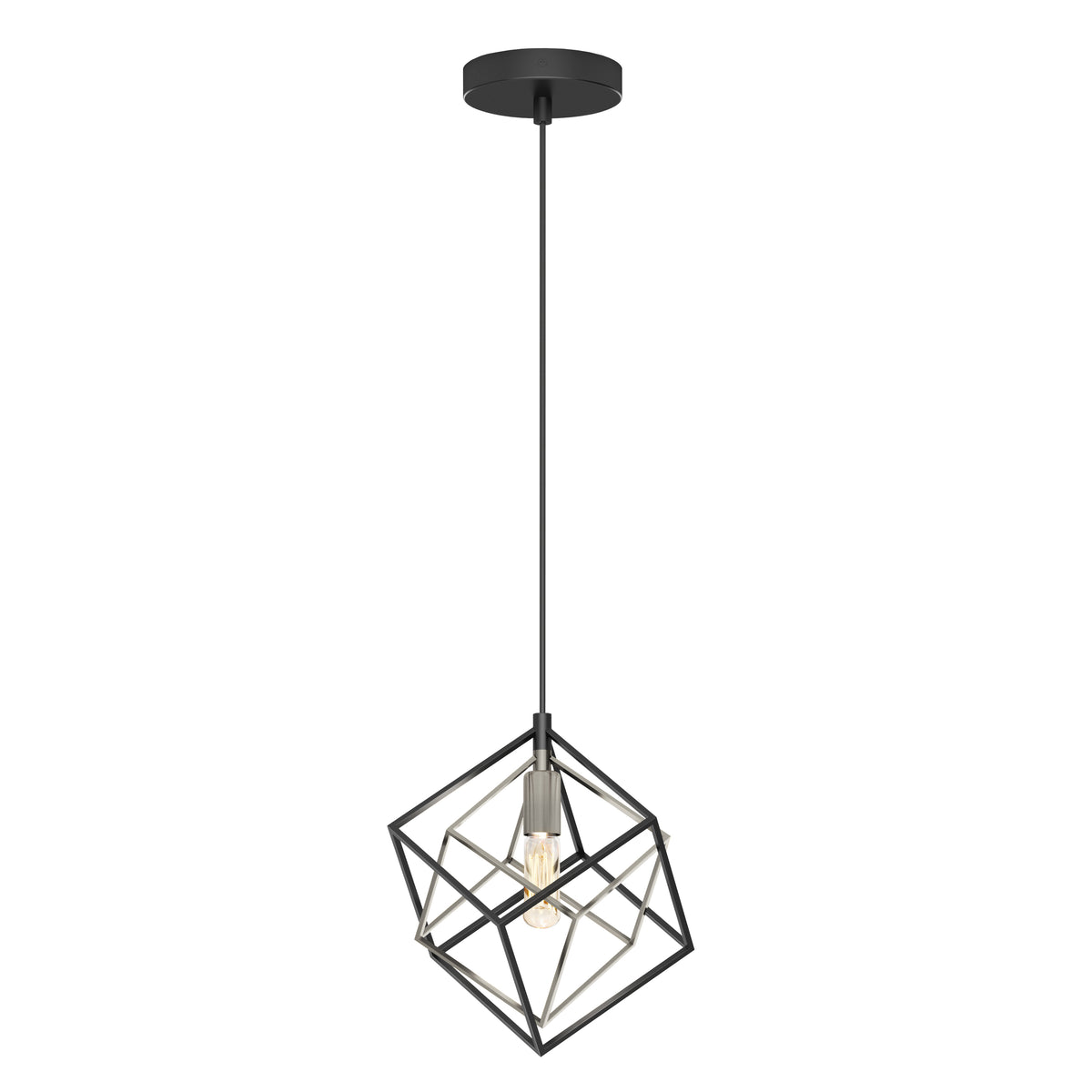 A modern pendant light with a black ceiling mount, a long black cord, and a geometric, open cube frame surrounding a single exposed bulb.
