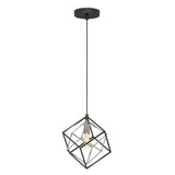A modern pendant light with a black ceiling mount, a long black cord, and a geometric, open cube frame surrounding a single exposed bulb.