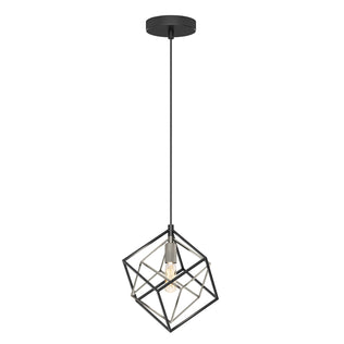 The Artika Imperium Single pendant light features a geometric black open metal cube frame, suspended from a ceiling mount with a visible central bulb.