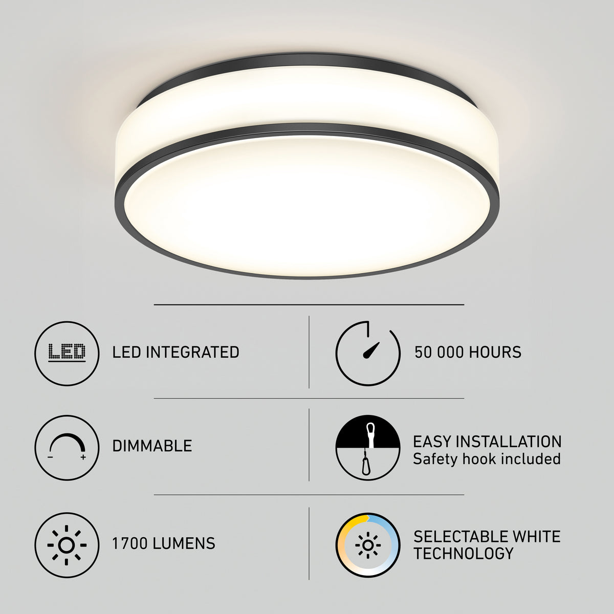 Artika’s Giada 15 in. LED modern flush mount light features integrated LEDs (50,000 hrs), is dimmable, offers 1700 lumens, easy installation with a safety hook, and 5 selectable color temperatures (CCT) for versatile lighting.