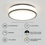 A round, modern ceiling light fixture is shown above icons and text highlighting features: LED integrated, 50,000 hours lifespan, dimmable, easy installation, 1700 lumens, and selectable white technology.