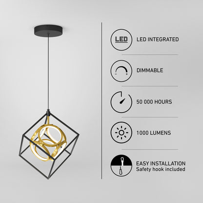 Artika Mini Luxury LED pendant light in black and gold with a geometric design, featuring 1000 lumens and 50,000 hours of dimmable energy efficiency.