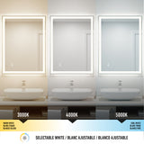 A bathroom mirror with LED lighting is shown in three color temperatures: warm white (3000K), neutral white (4000K), and cool white (5000K), above a white sink with a beige counter.